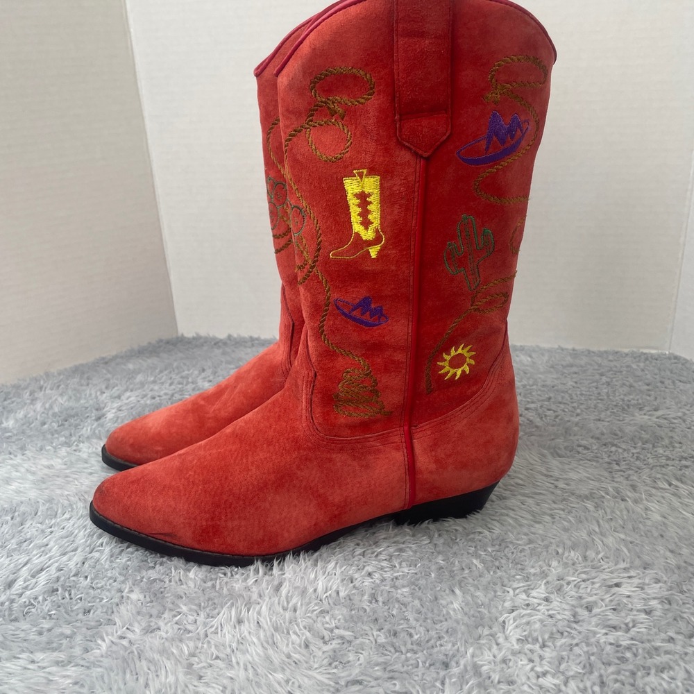 J. Bar J Western Boots Womens 7M Red Suede Embroidered Cactus Cowboy Boots